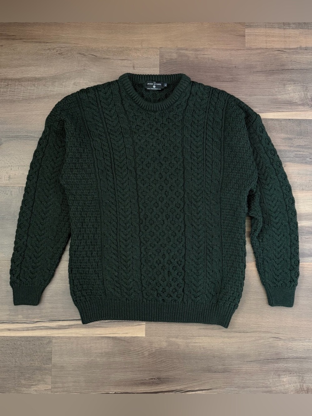 The Irish Store Army Green Traditional Crew Neck Aran Wool Sweater Sz. L